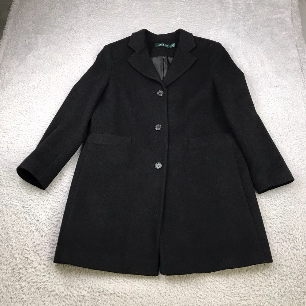 LRL Ralph Lauren Reefer Coat Womens 12p Black Wool Peacoat Quiet Luxury Jacket